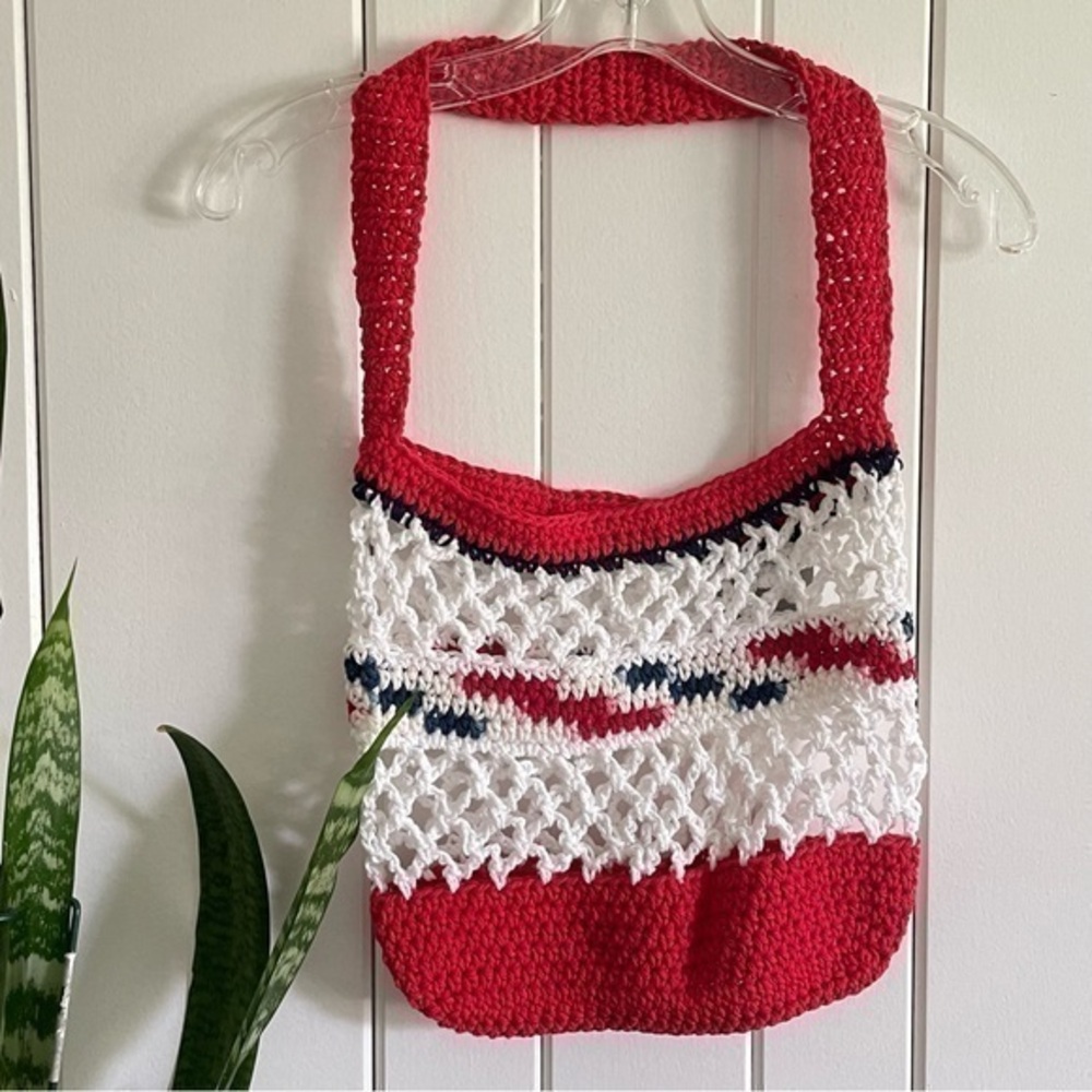 Handmade Blue White Red Bottom Tote Bag Purse Cotton Reusable Shoulder